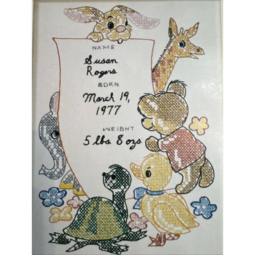 Vtg 70s Cross Stitch Kit Baby Annoucement Columbia Minerva Cute Animal Unused